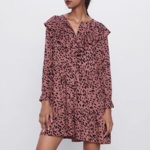 Zara Cheetah Animal Print Ruffle Button Down Blouse Style Mini Dress Size Small